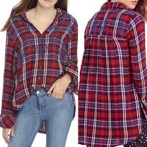 FREE PEOPLE MAGICAL EMBROIDERED OVERSIZED PLAID BUTTON DOWN SHIRT XS